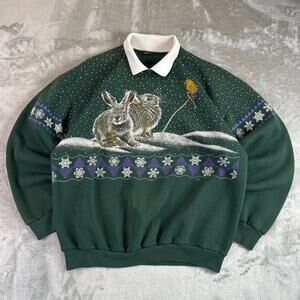 TG 90s Morning Sun Animal Scene Crewneck Sweatshirt Women’s 2XL Green Bunny Bird